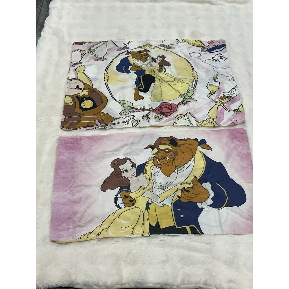 VTG 90s Pillow Case Size Standard Beauty and the Beast Made USA 2 Sided Sham Lot